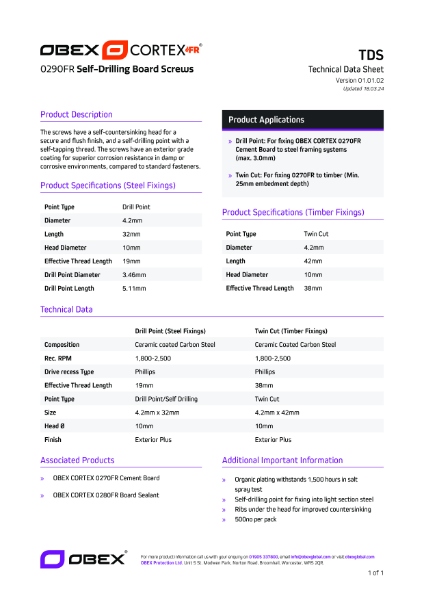 OBEX CORTEX 0290FR Self-Drilling Board Screws - TDS