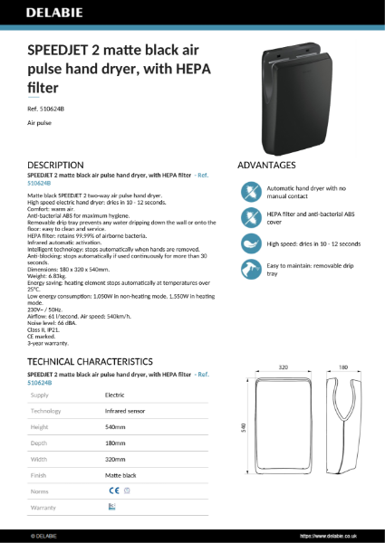 SPEEDJET 2 hand dryer - Matte Black Product Data Sheet