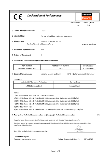 Declaration Of Performance TTFA4 Decking Screw