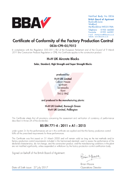 BBA Certificate of Conformity F012i5-2