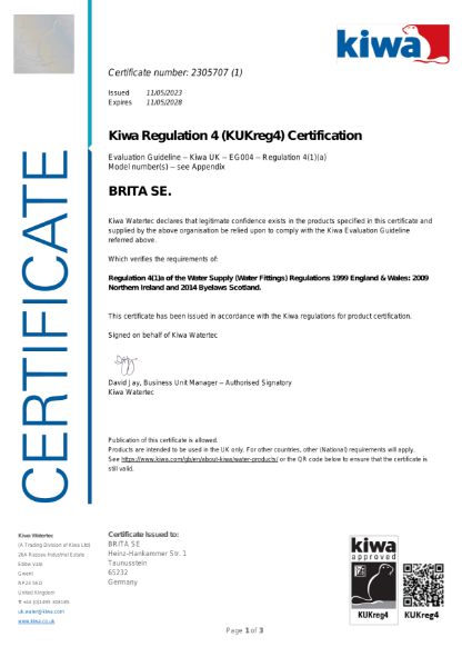 BRITA VIVREAU Extra C-Tap - KIWA Certificate