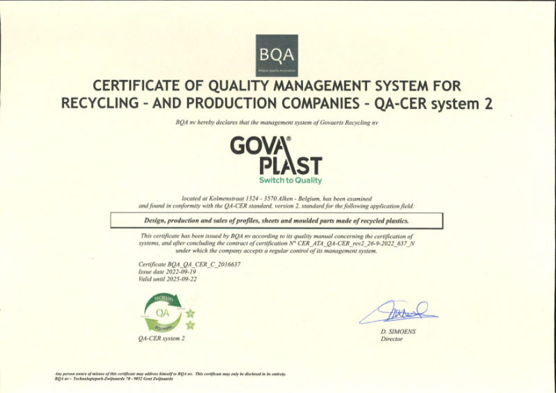 BQA Certificate of Quality Management System for Recycling