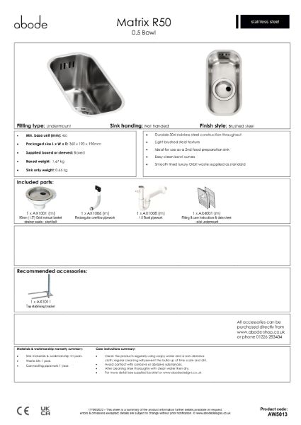 Matrix R50. Stainless Steel, 0.5 Bowl - Consumer Specification