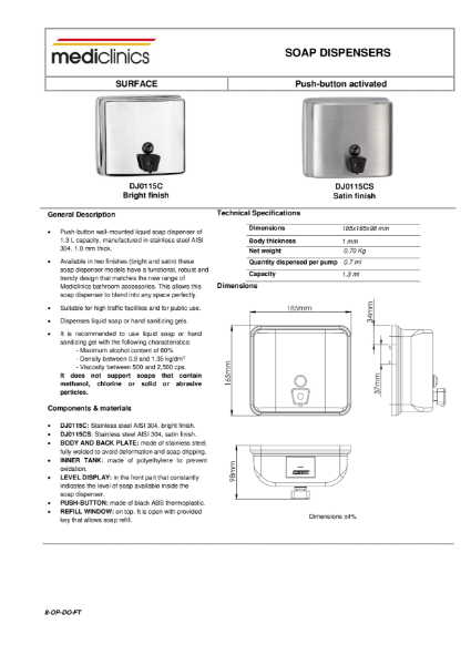 Soap Dispenser Spec Sheet - Mediclinics Square Surface Mounted Push-Button Liquid Soap Dispenser DJ0115C_CS