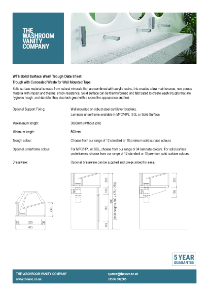 Solid Surface Sloping Wash Trough With Concealed Waste And No Tap Deck – WT6