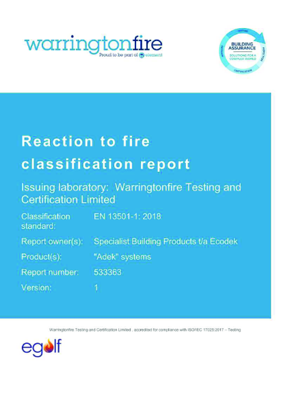 Reaction to fire classification report