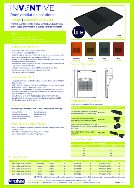 Non-Profile Roof Tile Vent Datasheet