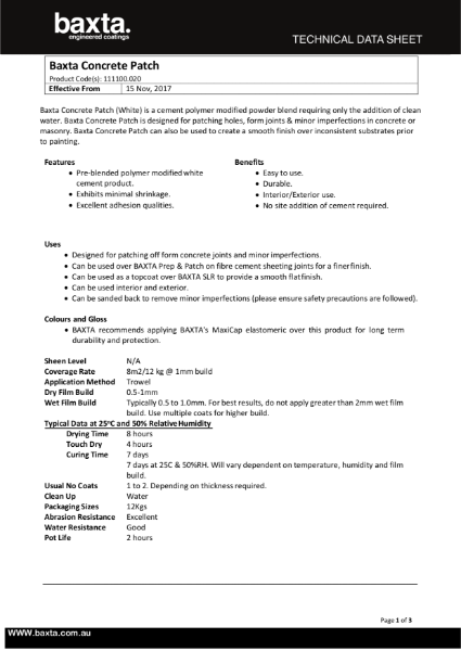 Baxta Concrete patch technical data sheet.