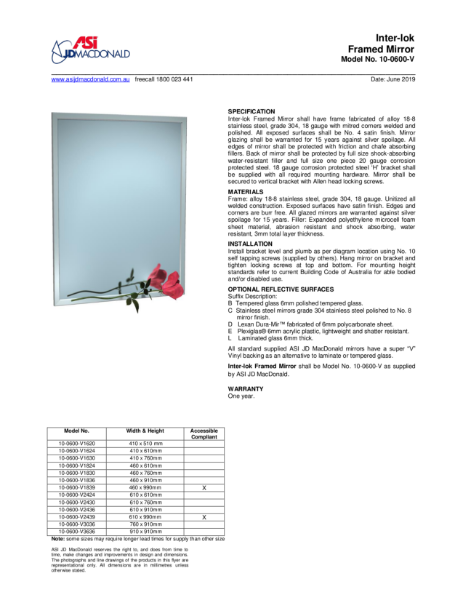 Inter-lok Angle Frame Mirror Specification Sheet