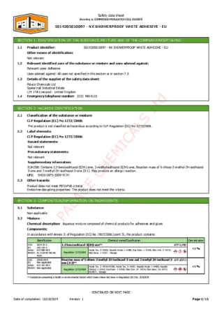 NX Showerproof Ready Mixed Wall Tile Adhesive Safety Data Sheet