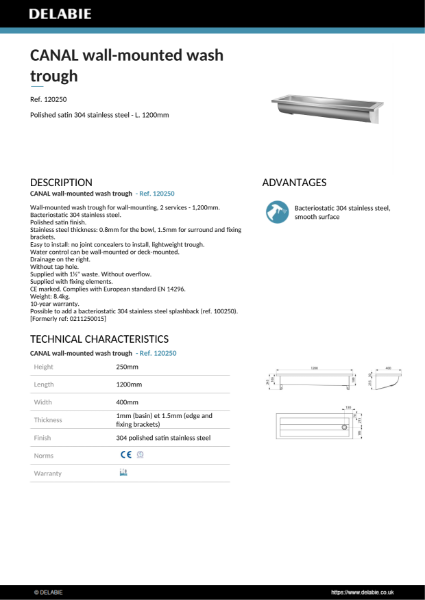CANAL Trough L. 1200mm Data Seet - 120250