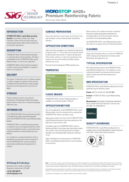 Hydrostop AH25+ Liquid Waterproofing Reinforcing Fabric Datasheet