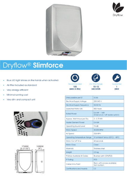Hand Dryer Spec Sheet - Dryflow SlimForce Hand Dryer