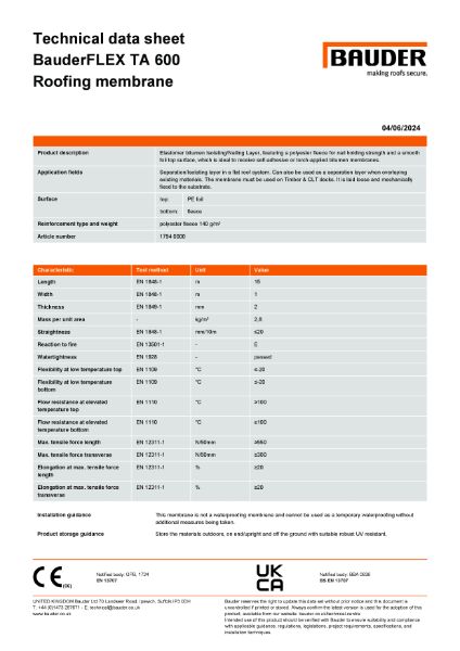 BauderFLEX TA 600 Isolating / Nailing Layer - Technical Data Sheet