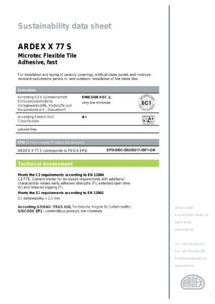 ARDEX X 77 S Sustainability Data Sheet