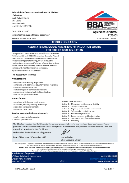 Celotex Pitched Roofing BBA Certificate for TB4000, GA4000 and XR4000