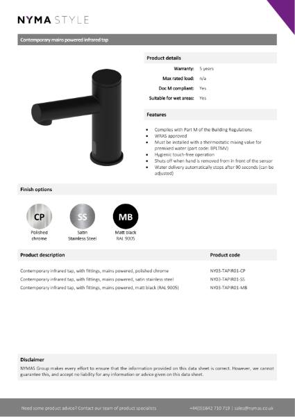 NymaSTYLE Contemporary mains powered infrared tap