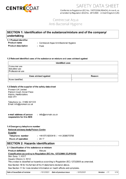 Centrecoat Aqua Anti-Bacterial Hygiene - Safety Data Sheet (Semi Matt)