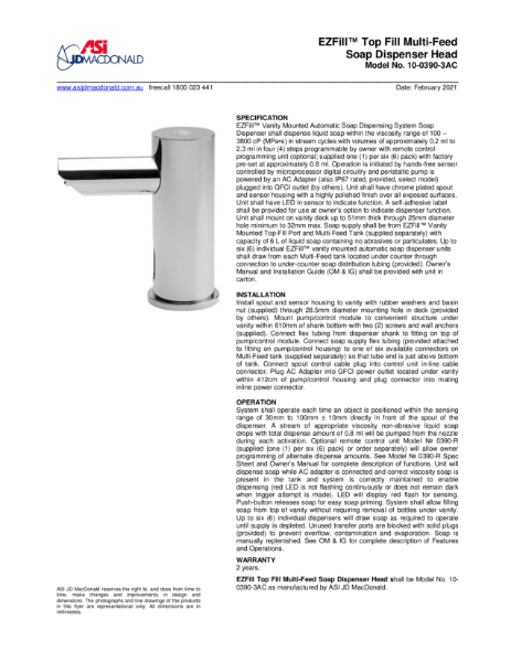 EZ-Fill Soap Dispenser Head Specification Sheet