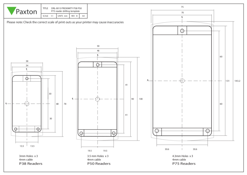 Net2 Proximity readers P38, P50, P75 - drilling template