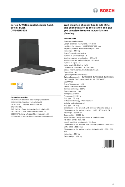 Series 2, Wall-mounted cooker hood, 60 cm, Black DWB66BC60B