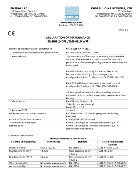 Emshield DFR / WFR CE - CE Declaration of Performance