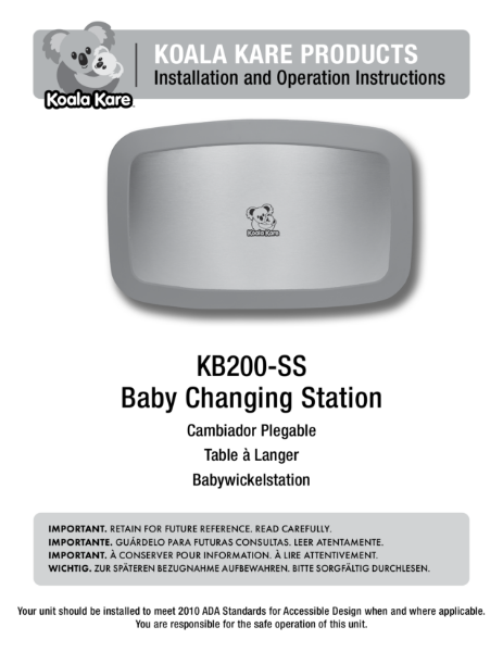 KOALA KARE PRODUCTS Installation and Operation Instructions - KB200-SS Baby Changing Station