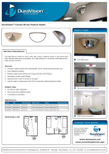 Ligature Resistant Observation Mirror - Half Dome Specification