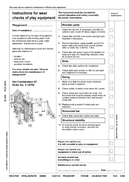 Timberplay Combined Play Structures - Hut Combination 47 - Maintenance Instructions