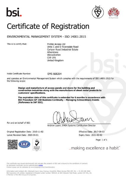 Profab Access ISO 14001:2015 Certificate