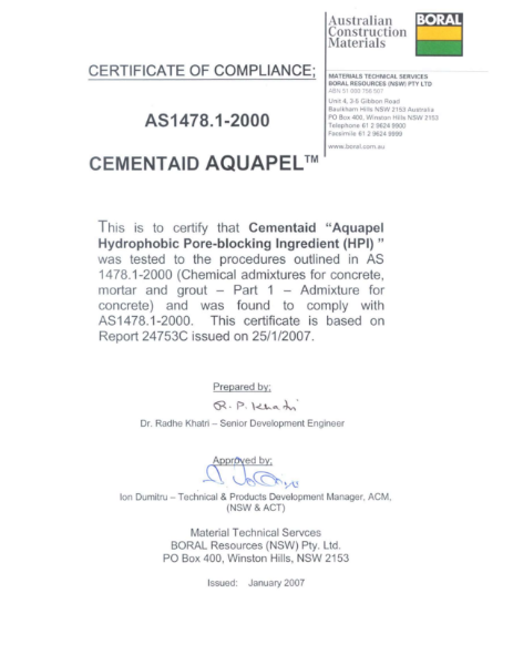 Certificate of Compliance: Cementaid Aquapel™