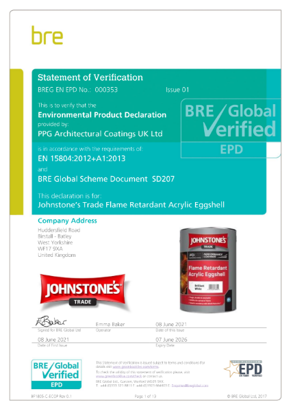 Environmental Product Declaration BREG EN EPD No: 000353 Johnstone's  Flame Retardant Acrylic Eggshell 