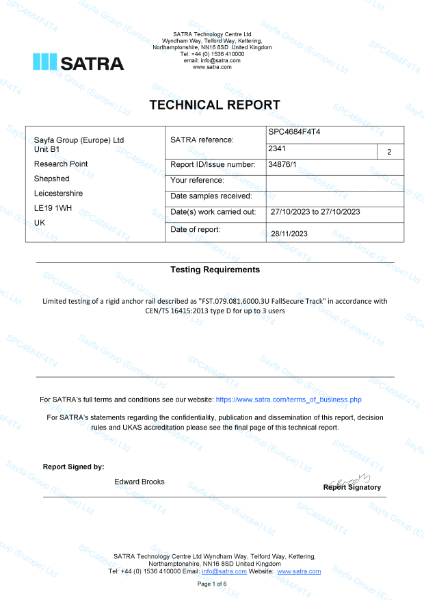 SATRA FallSecure™ Track Test Report - CEN/TS 16415:2013 