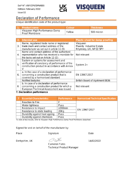 DPM UKCA Visqueen High Performance Damp Proof Membrane Declaration of Performance