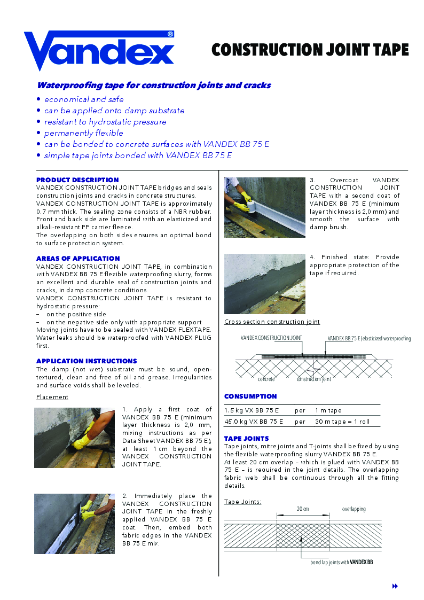 VANDEX Construction Joint Tape - Product Data Sheet