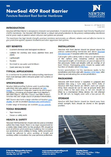 Newton NewSeal 409 Root Barrier - Technical Data Sheer