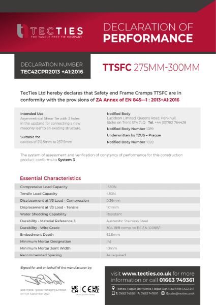 Safety end Frame Cramps TTSFC 275mm - 300mm - DoP