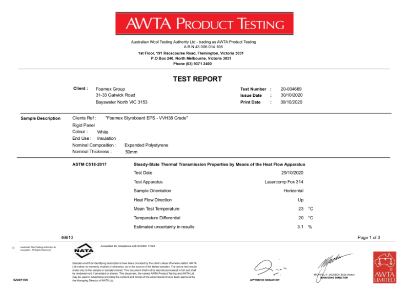AWTA Test Report - Foamex Styroboard EPS