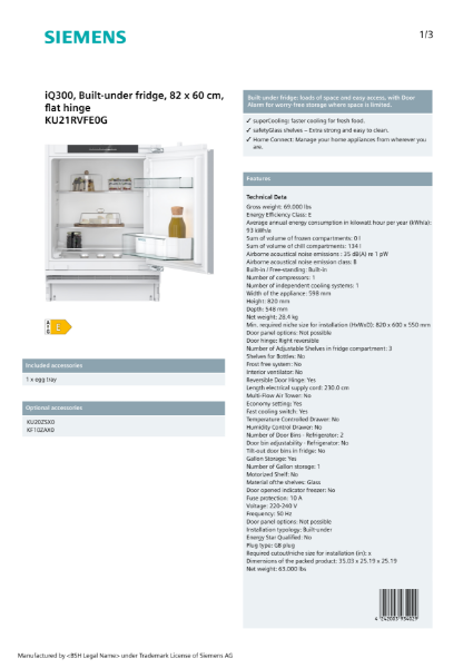 iQ300, Built-under fridge, 82 x 60 cm, flat hinge KU21RVFE0G