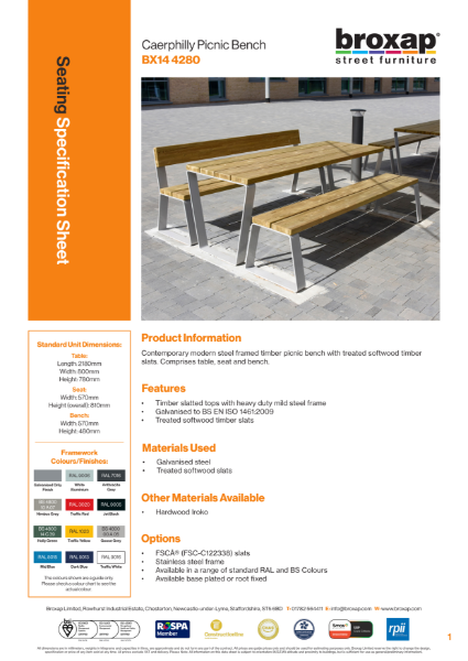 Caerphilly Picnic Bench Specification Sheet