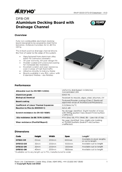 DFB-DR Aluminium Decking Board with Drainage - Datasheet
