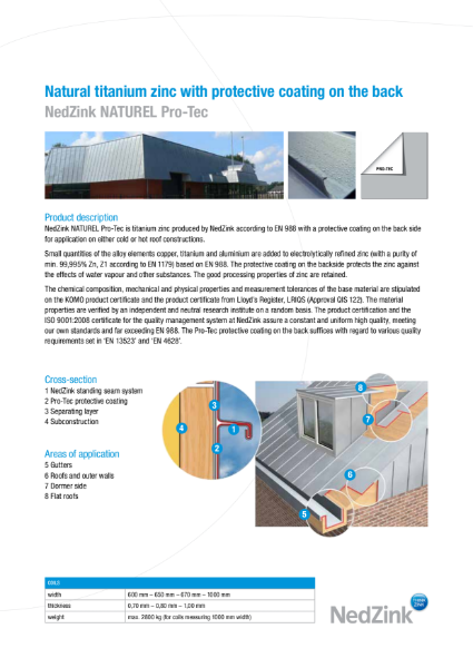 Natural and pre-weather zinc by NedZink NATUREL datasheet