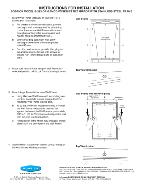 Instructions for installation - Bobrick model B-293 or Gamco FT-Series tilt mirror with stainless steel frame
