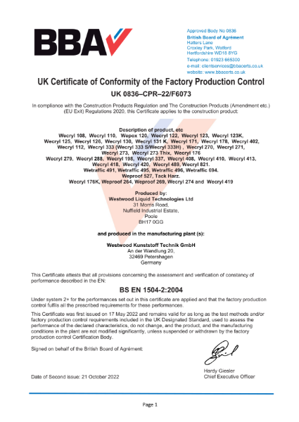 UK Certificate of Conformity of the Factory Production Control - UK 0836-CPR-22/F6073