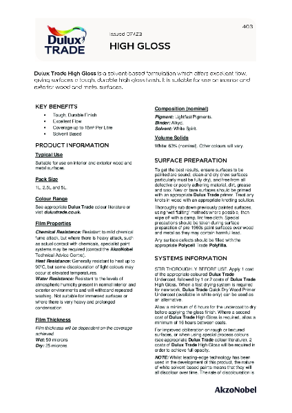 Dulux Trade High Gloss TDS