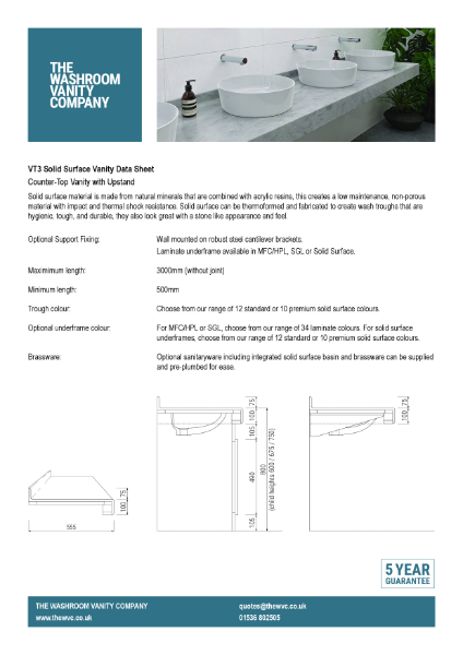 Solid Surface Vanity Unit For Inset Basins With Upstand  - VT3