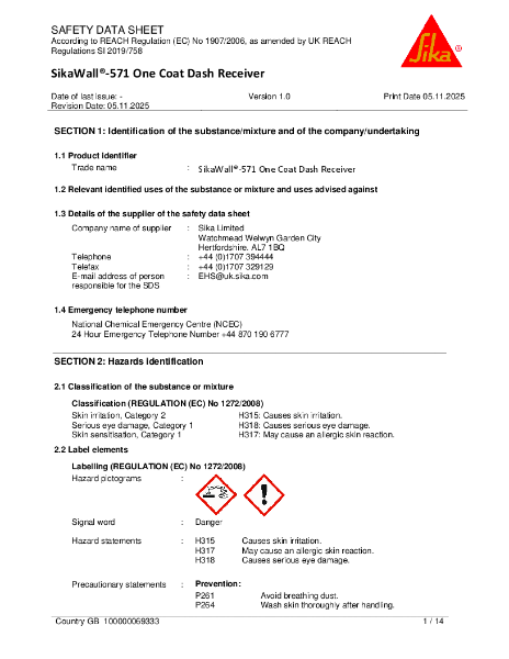 SikaWall 571 One Coat Dash Receiver SDS