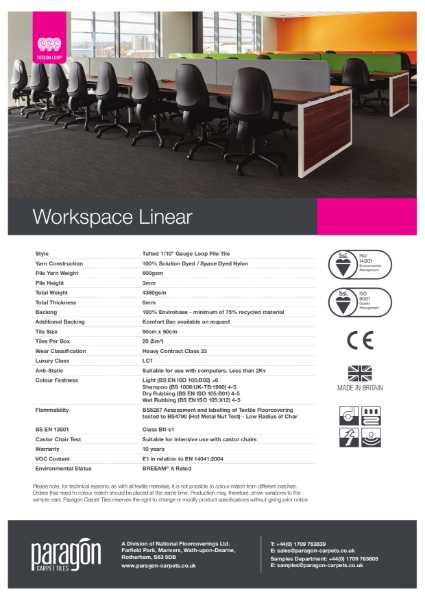 Paragon Carpet Tiles - Workspace Linear - Specification Information