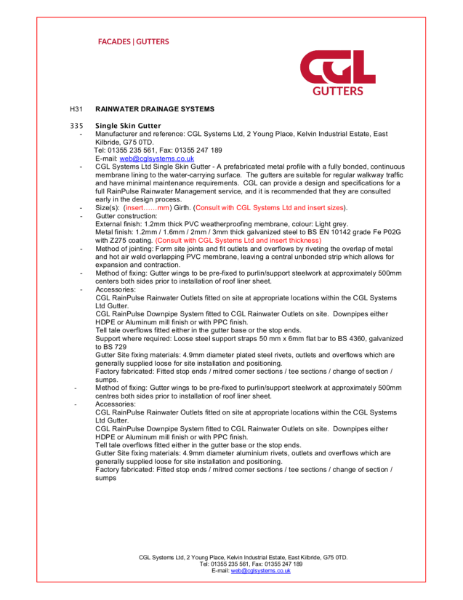 CGL Systems Ltd - Single Skin Gutter Specification H31 - July 2021