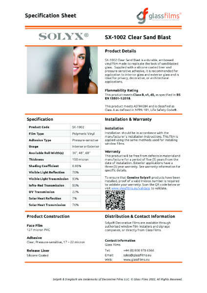 SX-1002 Clear Sandblast Specification Sheet